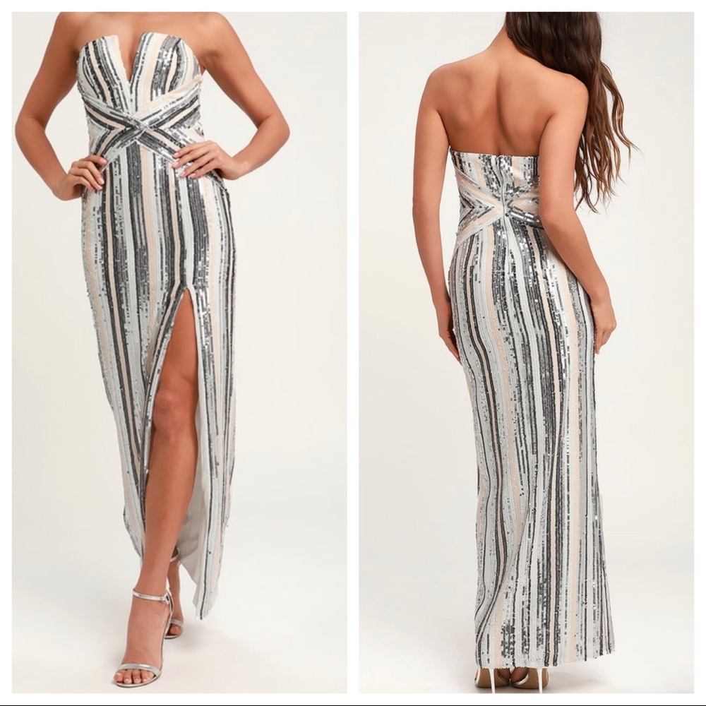 Glenda Silver Multi-Striped Sequin Maxi Dress